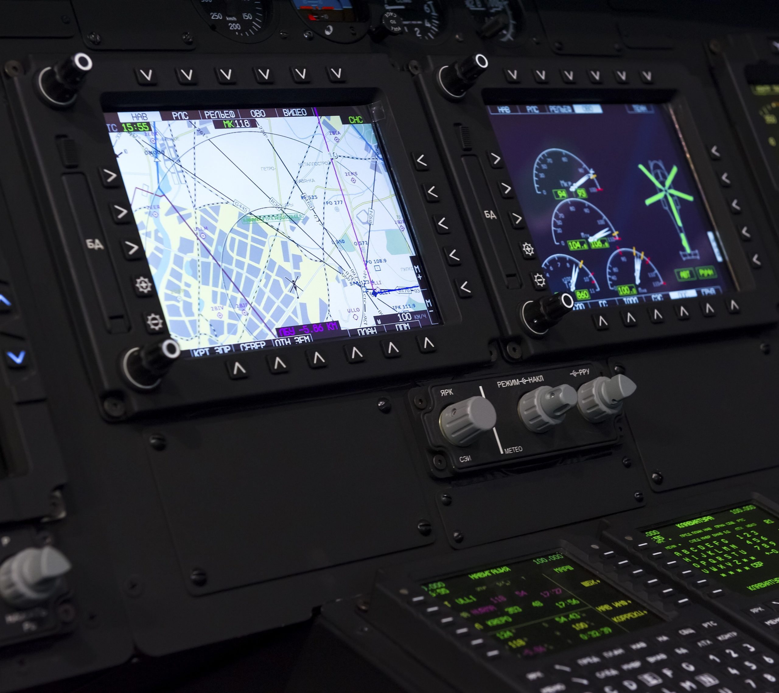 Control panel in military helicopter cockpit, copter dashboard with displays, dials, buttons, switches, faders, knobs, other toggle items, air force, modern aviation and aerospace industry