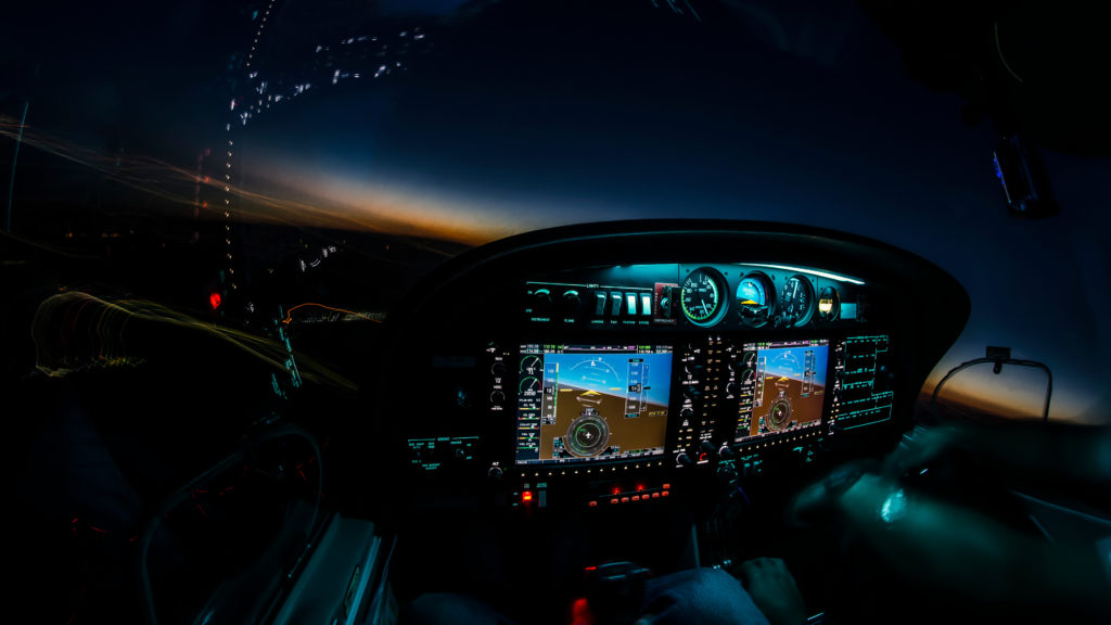 Lightened up cockpit and avionics in aircraft flying at night wi