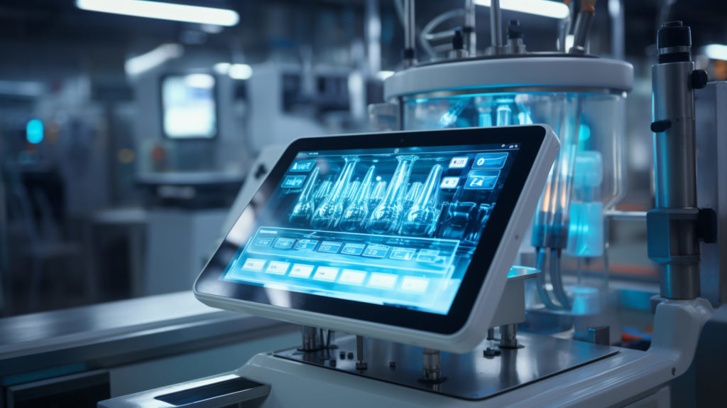 working in medical factory with using laptop