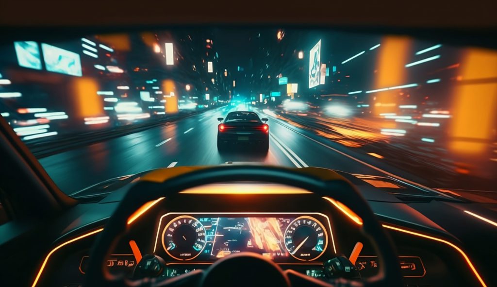 Car interior, neon monitor, steering wheel and controls, rear view. Sports car, futuristic autonomous vehicle. First-person view. Generative Ai