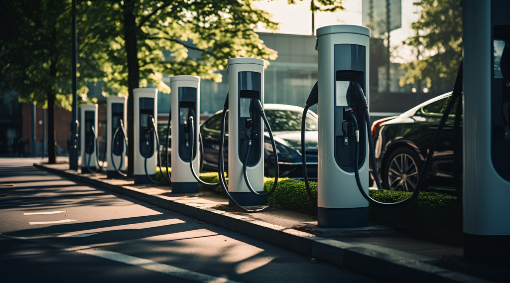 Modern fast electric vehicle chargers for charging car in park, Generative AI