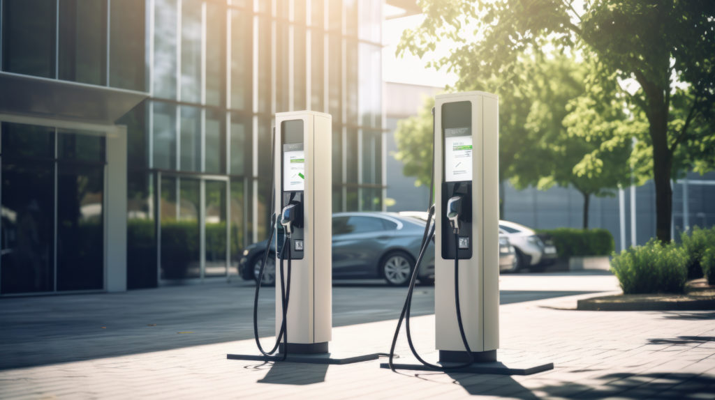 Electric vehicle charging station or electric vehicle charging stations with graphic display. Electric public charging powered by renewable clean energy. Concept of technology, ecology.