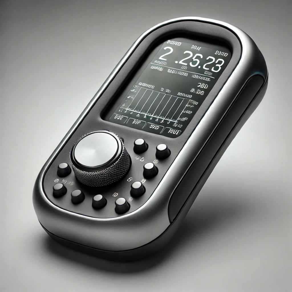 A sleek, modern hand-held instrumentation device featuring a small format portrait LCD display. The device has a minimalist, ergonomic design, with a