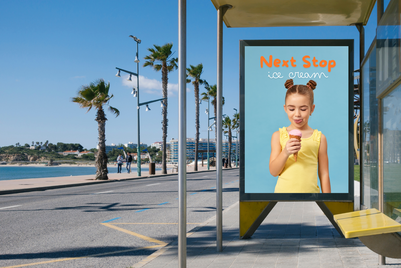 bus stop displays next stop, ice cream