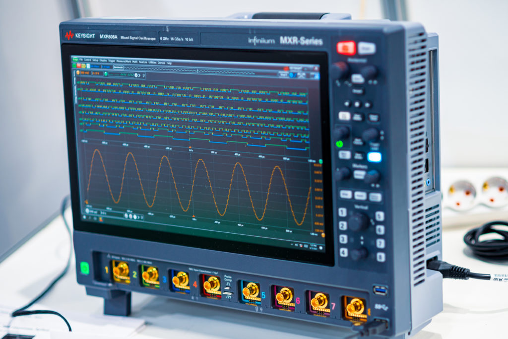 Kyiv, Ukraine - June 15, 2021: Digital oscilloscope. Eight-channel oscilloscope with built-in voltmeter