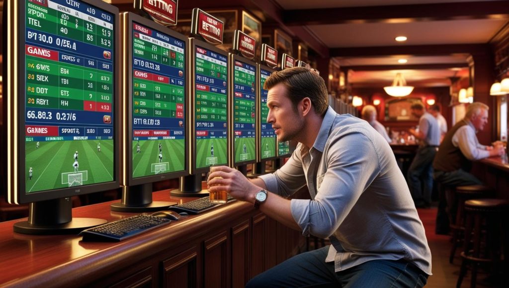 man playing sports betting terminals