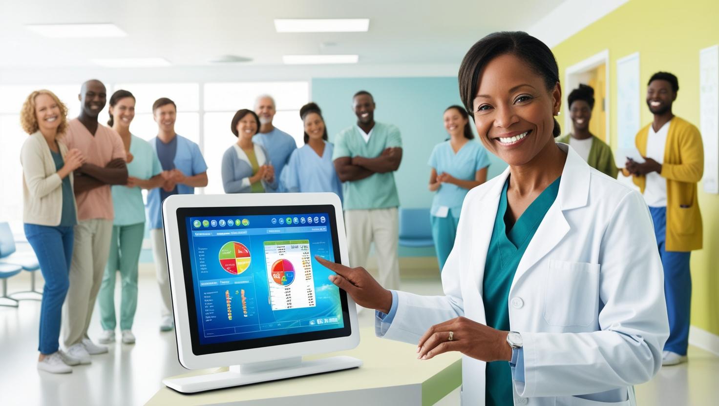 medical professional using an LCD display with a happy patient in the background
