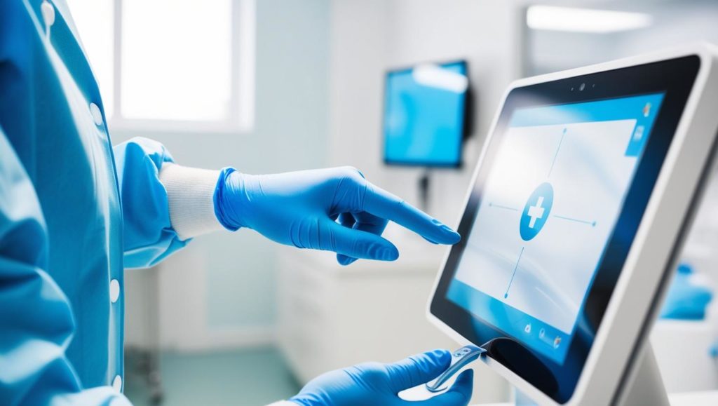 medical professional using an LCD touch screen display with gloves on for hygiene