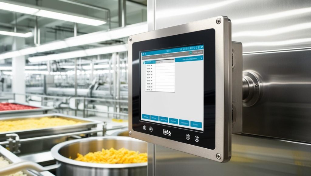 please create an image of a IP66 Stainless Steel Monitor – Rugged, Waterproof, and Built for Industrial Excellence in a Food & Beverage Processing factory