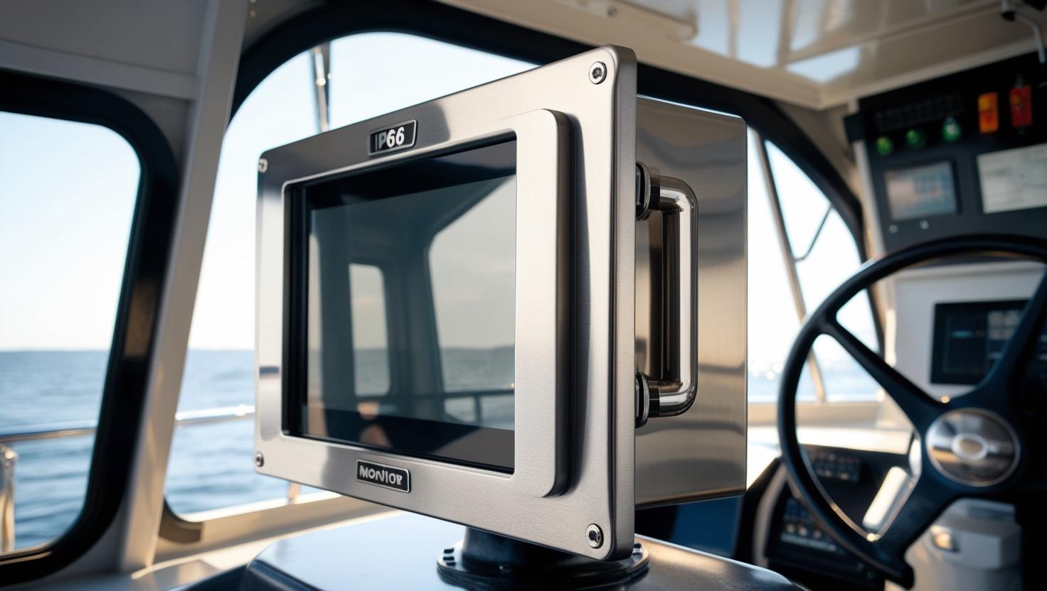 please create an image of a IP66 Stainless Steel Monitor – Rugged, Waterproof, and Built for Industrial Excellence in an Marine & Transportation application