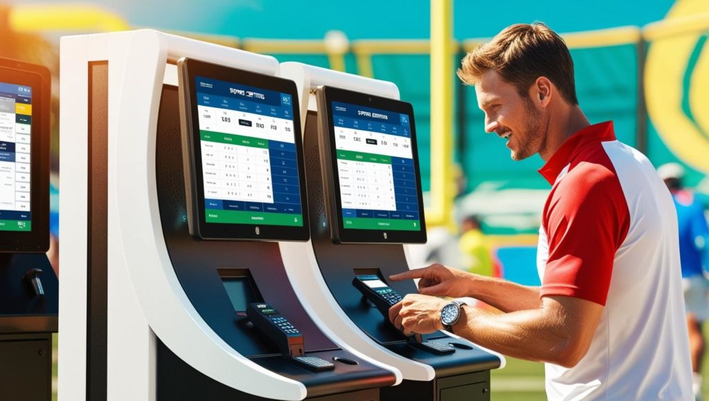 sports betting terminals with a man playing and betting within an outdoor sports environment