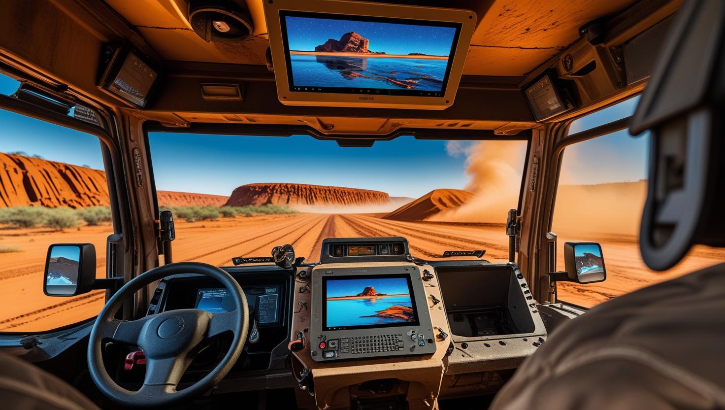 wide temperature TFT display mounted in the cabin of a rugged mining vehicle