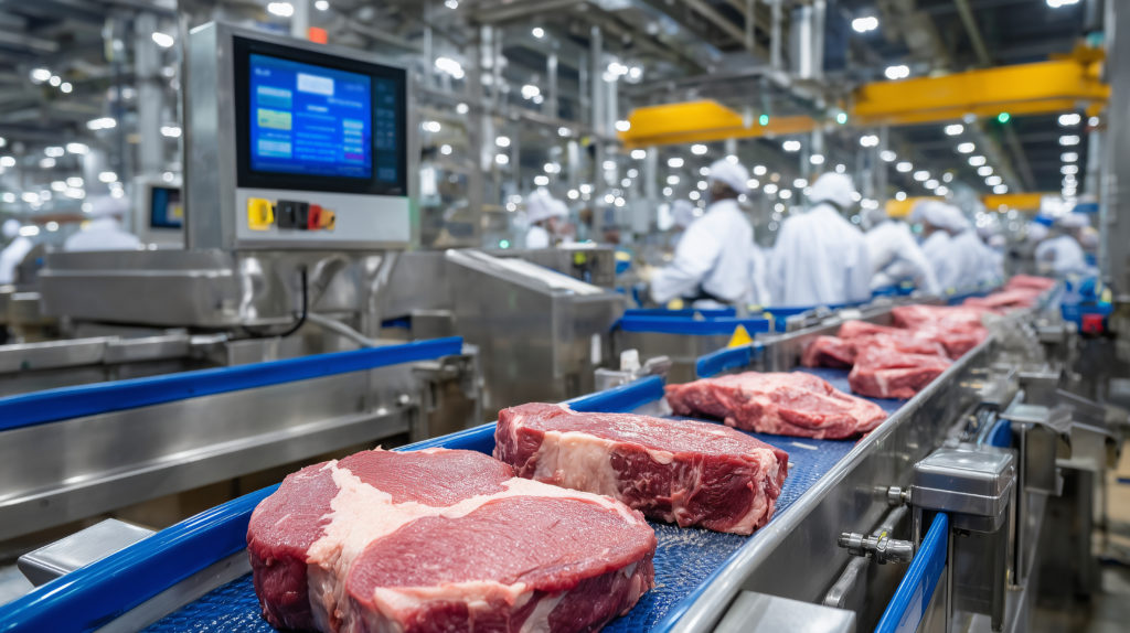 Automated meat processing line in a modern food factory, stainless steel machines gleaming under bright lights, workers in white coats and hairnets monitoring operations