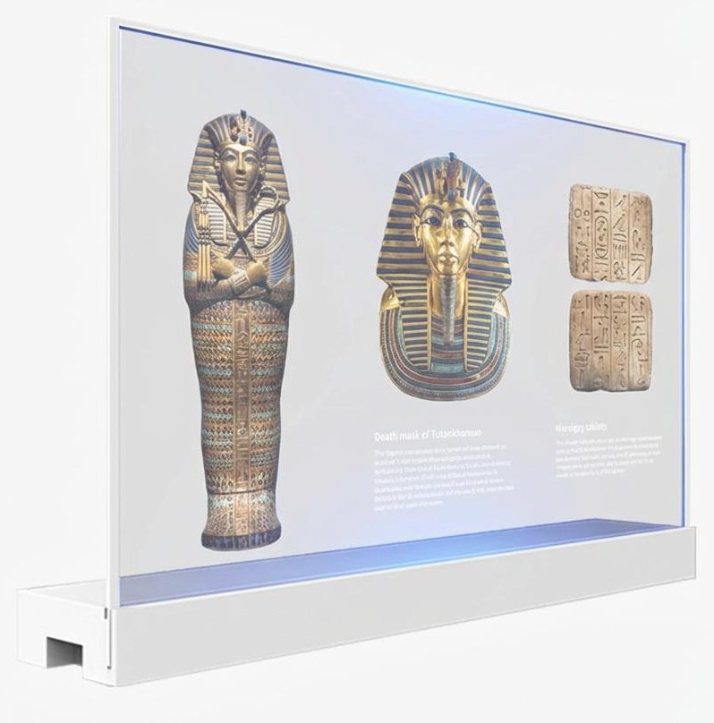 cds transparent oled 55 inch display musuem mummy