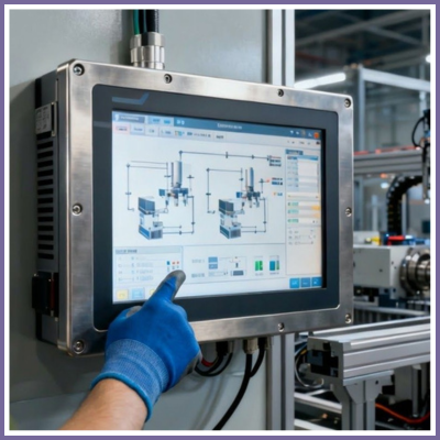 industrial monitor in factory setting with user touching screen with gloved hand