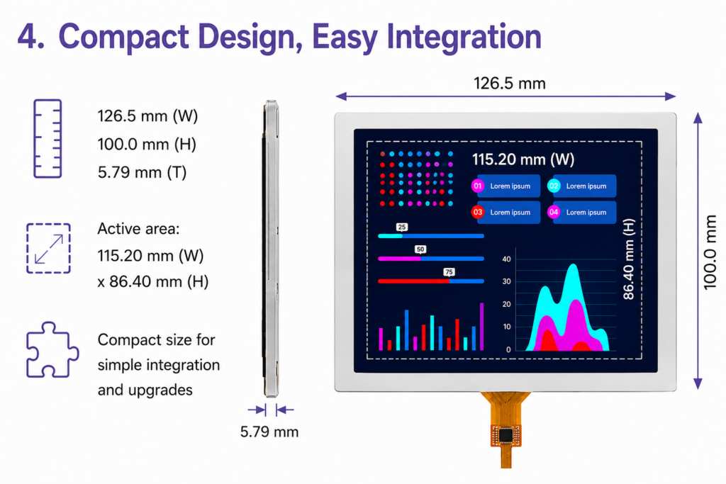 Compact 5.7-inch VGA TFT display showing mechanical dimensions and active display area