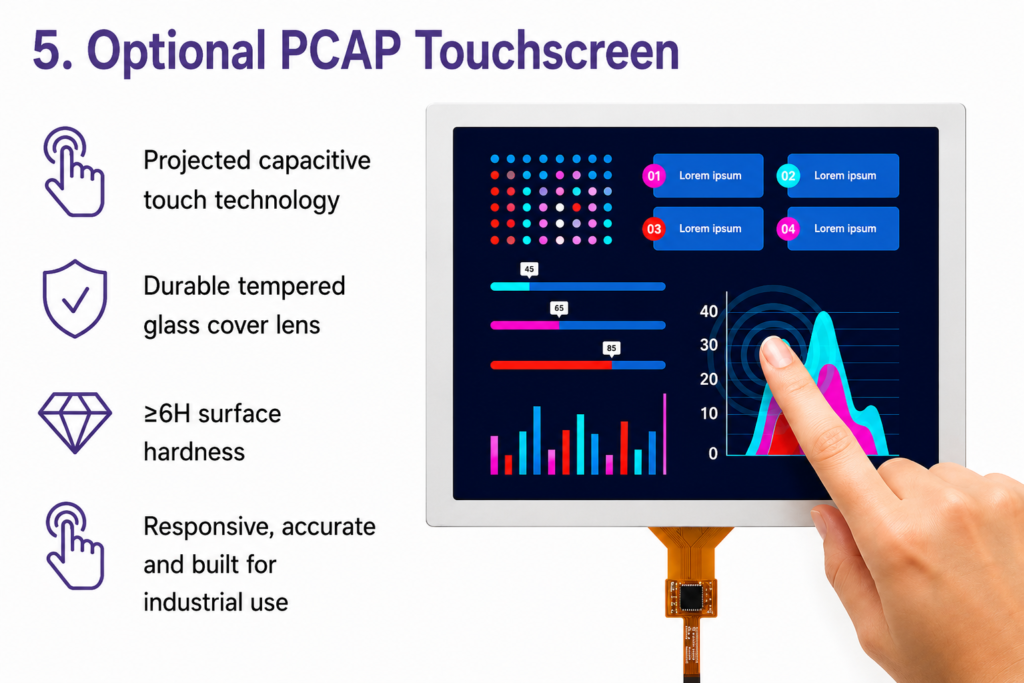 Optional PCAP touchscreen on a 5.7-inch industrial TFT display with tempered-glass cover lens