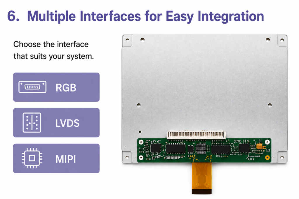 Rear view of a 5.7-inch TFT display with RGB, LVDS and MIPI interface options