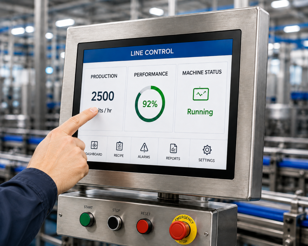 Operator using a stainless steel industrial touchscreen panel PC to monitor and control a food processing production line.
