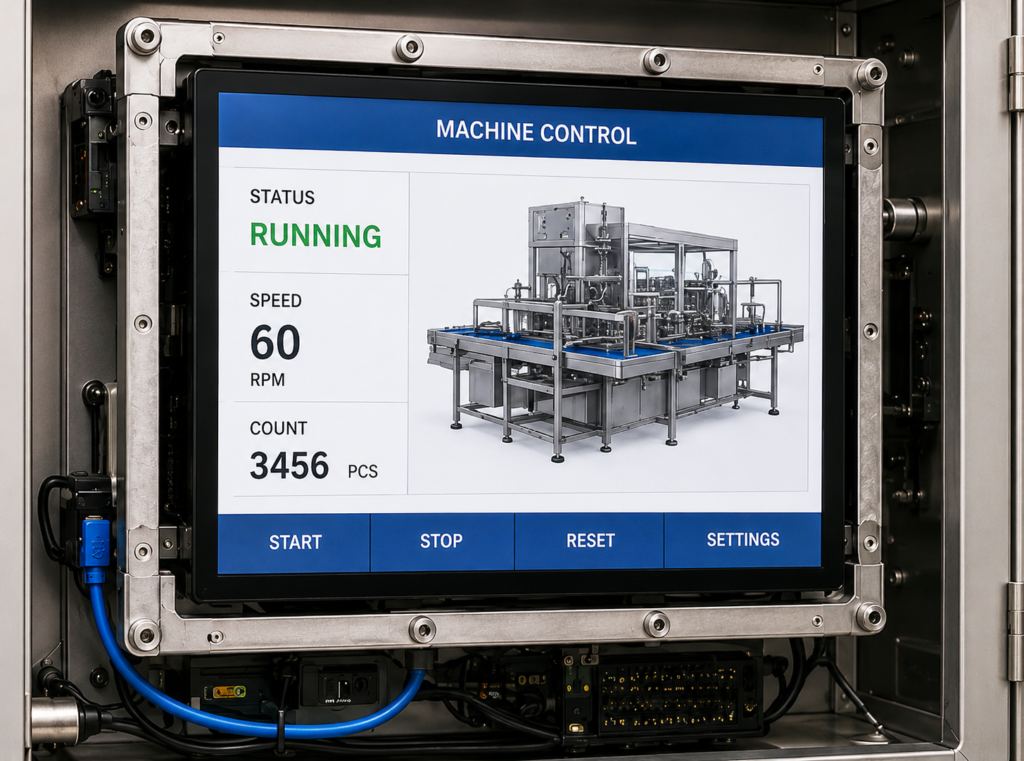Open frame industrial touchscreen monitor integrated into a machine control cabinet, displaying production status, speed and equipment controls.