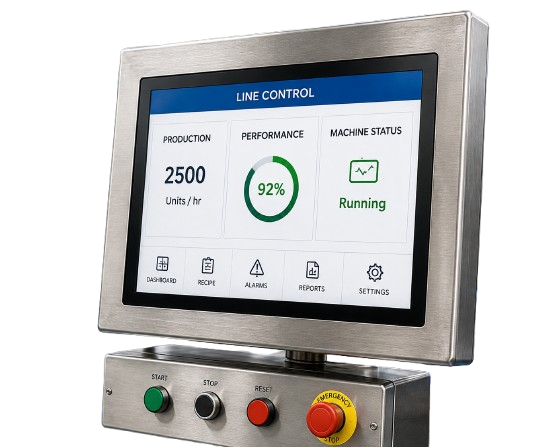 Industrial stainless steel panel PC with touchscreen line control interface in an automated food production facility.