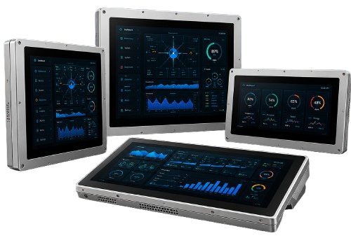 Range of rugged industrial monitors and touchscreen displays in a factory environment.