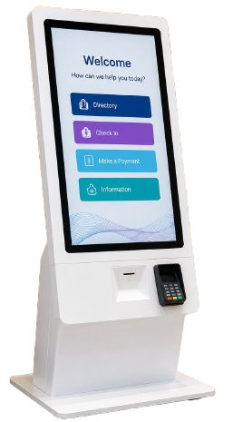 Interactive self-service kiosk display with touchscreen and payment terminal in a modern commercial environment.