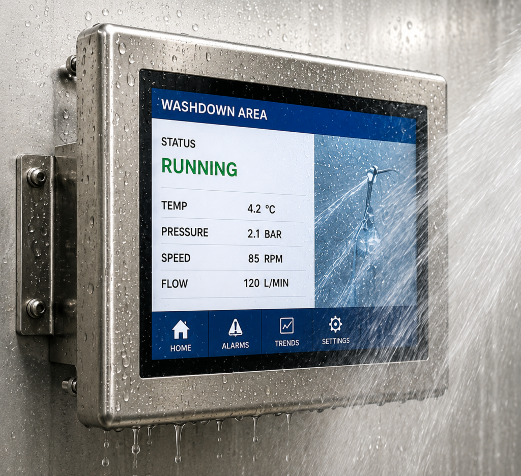 IP rated stainless steel touchscreen display operating during washdown in a hygienic food processing environment.