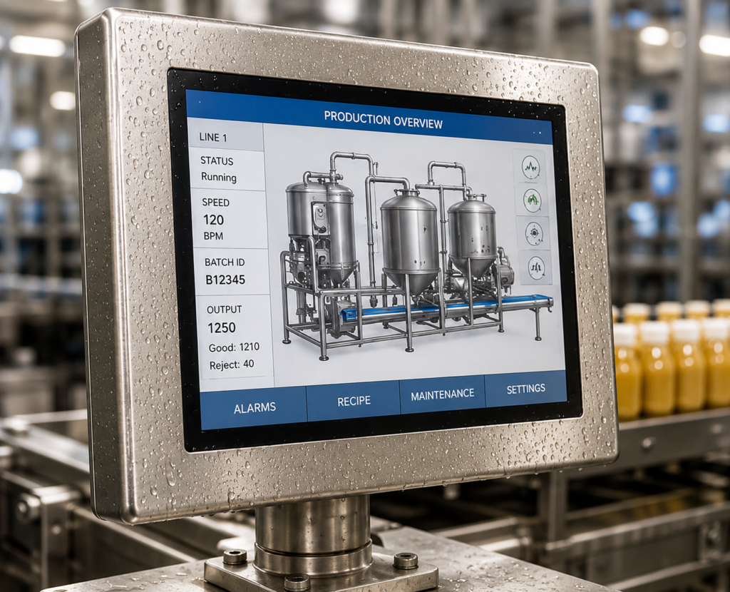 Stainless steel industrial touchscreen monitor displaying production data in a food processing factory.