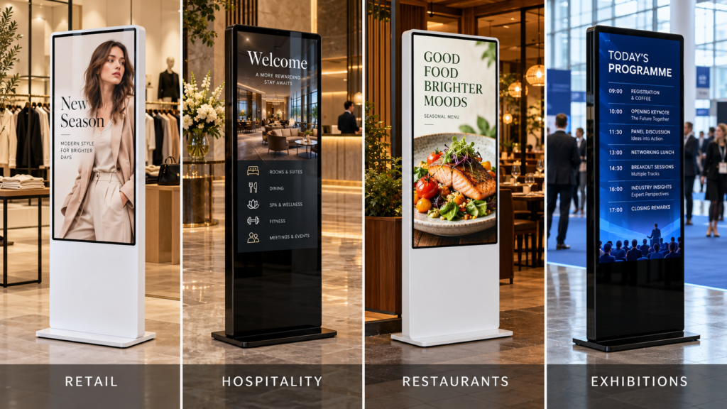 Freestanding digital signage in four settings