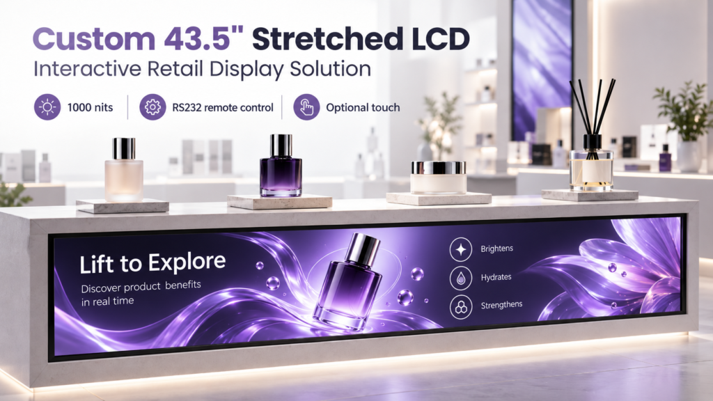 Custom 43.5-inch stretched LCD display by CDS integrated into an interactive retail counter, featuring 1,000-nit brightness, RS232 remote control and optional touch functionality.