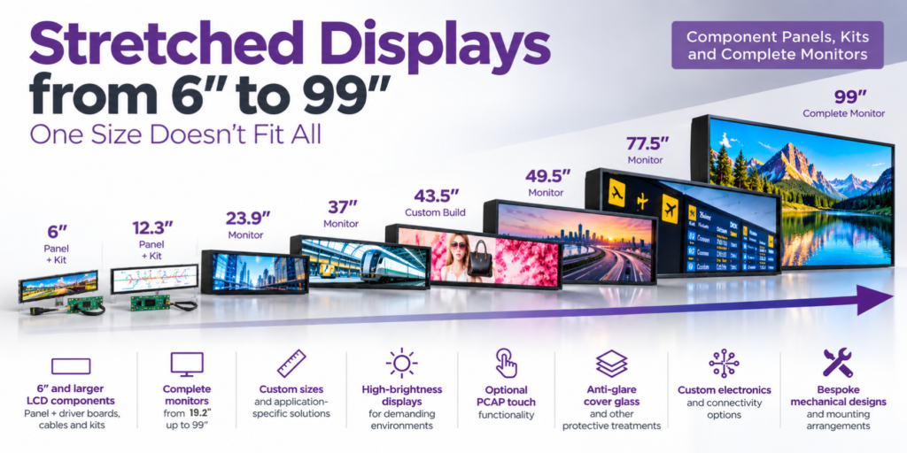 CDS stretched LCD display range from 6-inch panels and integration kits to 99-inch complete monitors, including custom sizes, high-brightness displays, optional PCAP touch and bespoke industrial solutions.